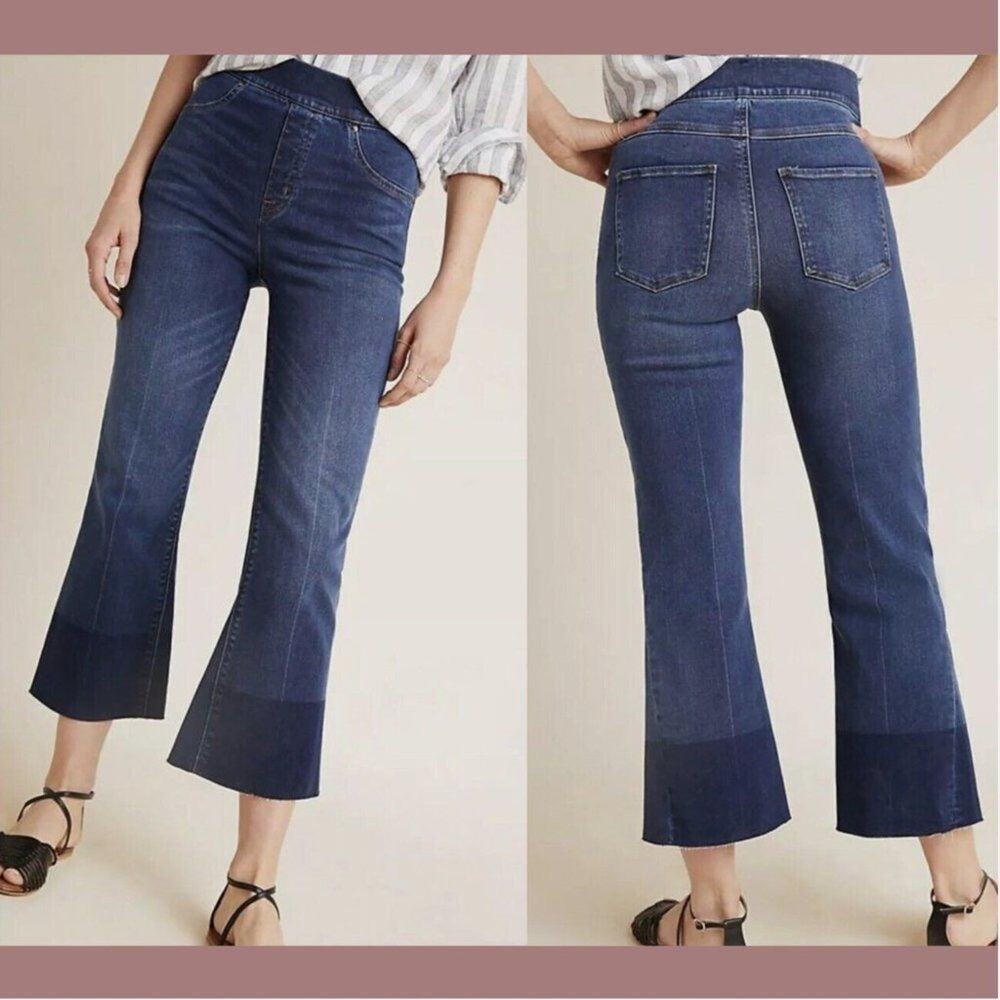 Spanx Cropped Flare Fray Hem Jeans in‎ Blue Medium Wash $128 MSRP size S